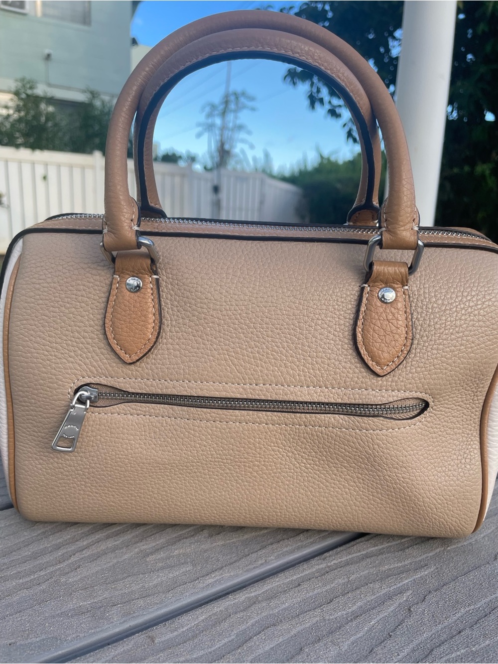 COACH Medium Tan and Cream Pebbled Leather Rowen with Detachable Strap - Picture 10 of 10